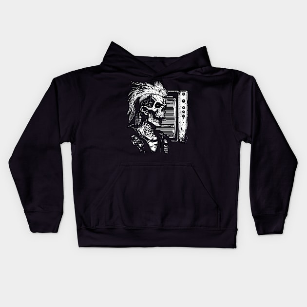 Punk Skull and Scan Lines on TV Kids Hoodie by JDTee